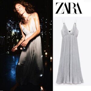 Zara Silver Pleated Slip Dress Sz M NWT